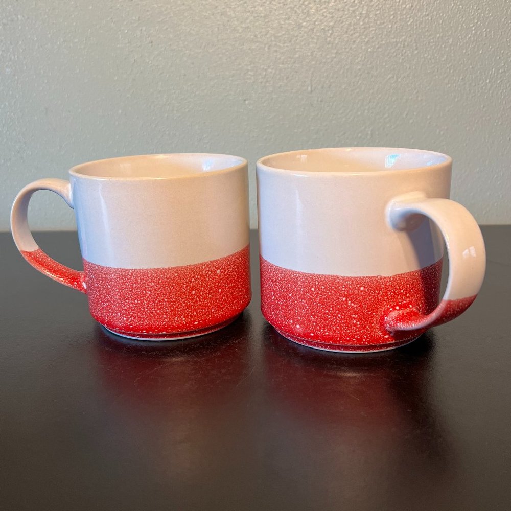OVER AND BACK White Red Paint Splatter Stackable Stoneware Coffee Mugs Set of 2